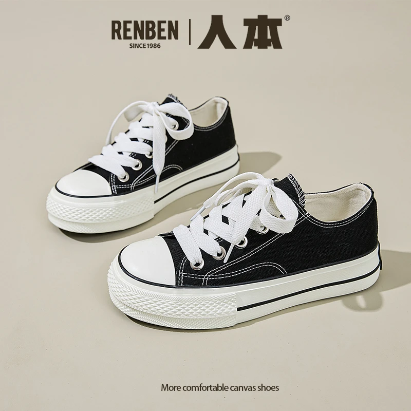人本厚底帆布鞋2025秋季新款轻薄透气女鞋韩版百搭休闲复古小白鞋