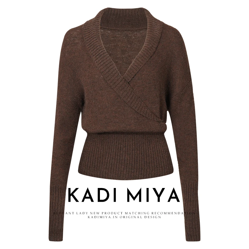 KADIMIYA【松果衫】美拉德马海毛羊毛交叉领氛围感优雅V领针织衫女