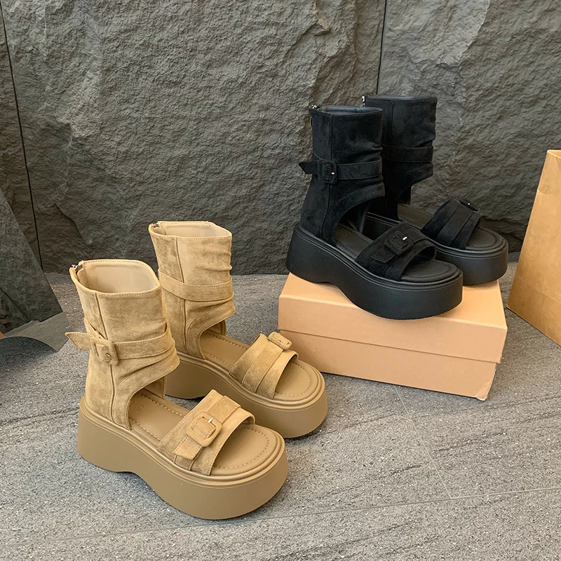 靴子女厚底增高堆堆靴女短靴潮2025夏季新款罗马凉鞋漏趾凉靴鞋子