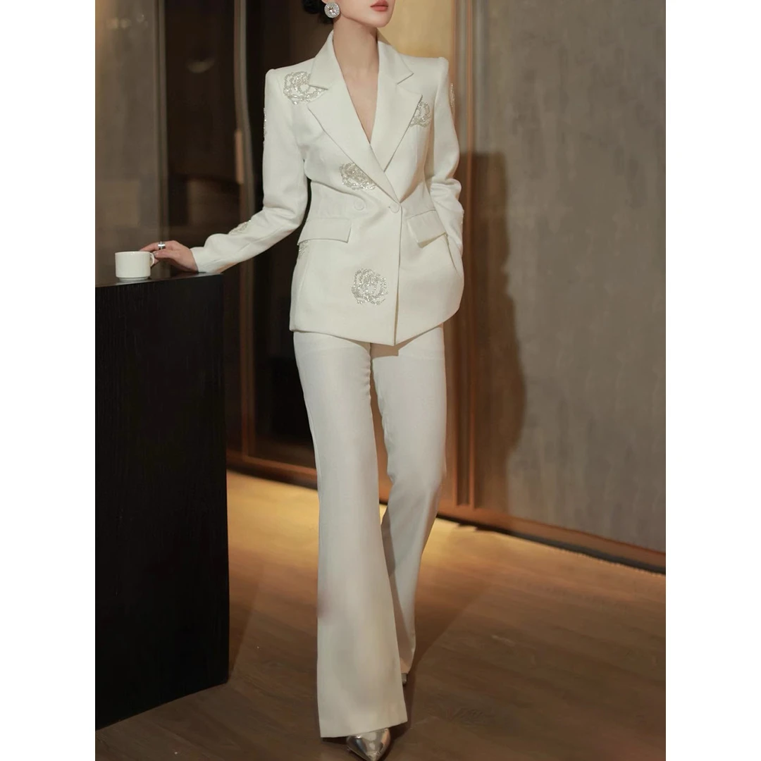 2025套装两件套洋气新款重工钉珠镶钻一粒扣领西装外套+高腰西裤