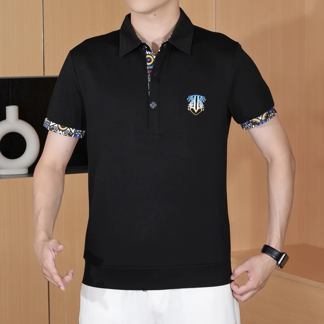 2025夏季男士polo衬衫衬衣时尚休闲薄款印花帅气立领百搭