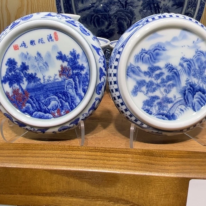不***呢青花山水盖置两个