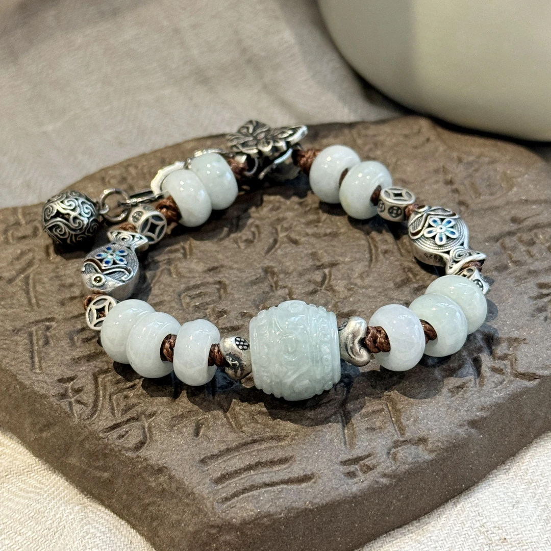 <一禅兄>S925银翡翠回纹桶珠跑环滴胶小鱼铜钱祥云圈吊坠手链