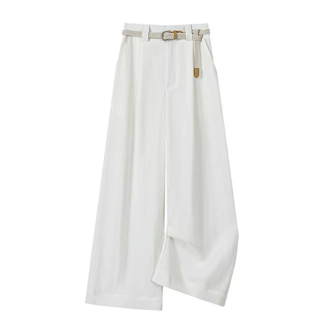 9538韩系高腰配皮带棉麻休闲裤女夏季薄款压褶设计感直筒阔腿长裤