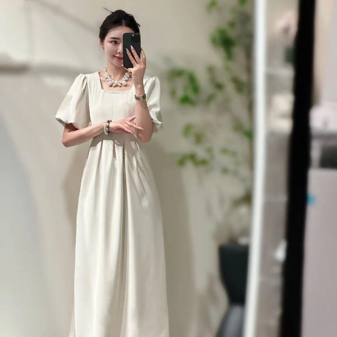 【有感女装】春夏纯色方领泡泡袖中长款气质显瘦连衣裙851