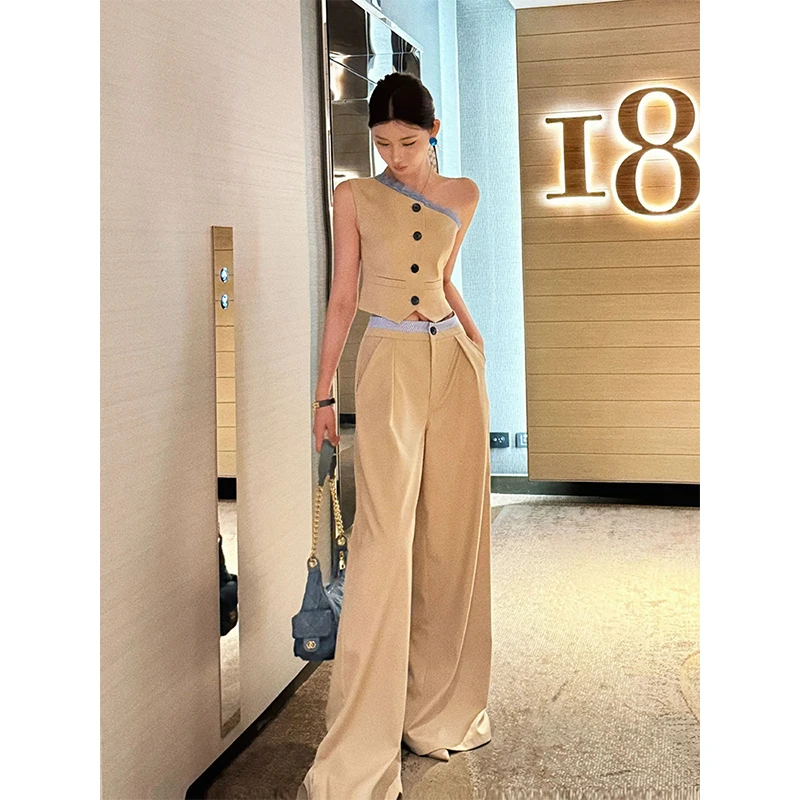 时尚设计感撞色拼接斜肩气质马甲女小众宽松休闲百搭阔腿长裤套装