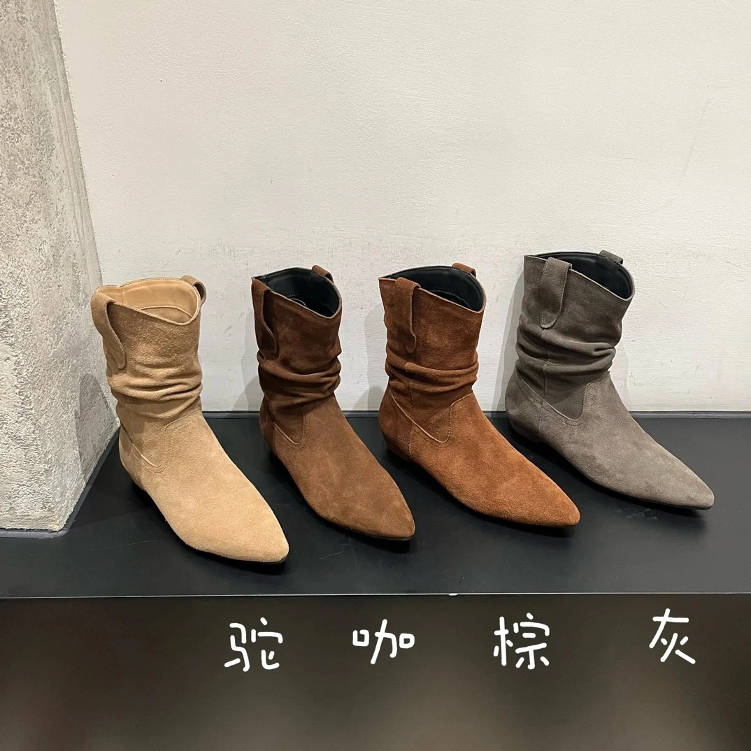 真皮牛皮百搭极简堆堆靴韩版气质尖头短靴磨砂女靴H708-1