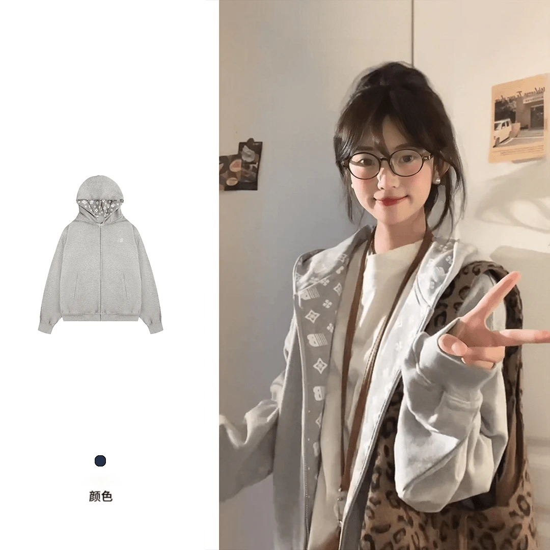 韩系潮流设计感印花拼接拉链外衫秋冬女休闲慵懒感连帽卫衣#WY08