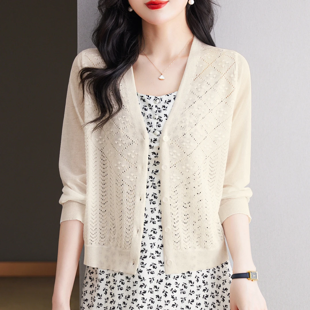 2025夏季新款V领镂空冰丝开衫外套女宽松大码针织防晒空调衫上衣