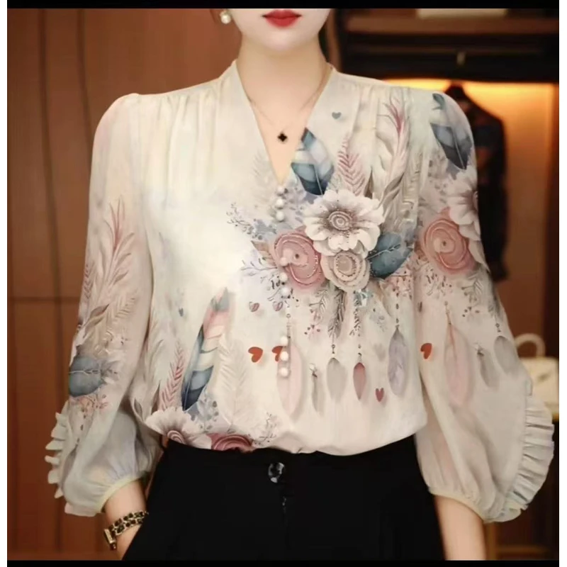 新款高端定位印花七分袖衬衫~V领显瘦小衫时尚气质百搭女衬衣2160