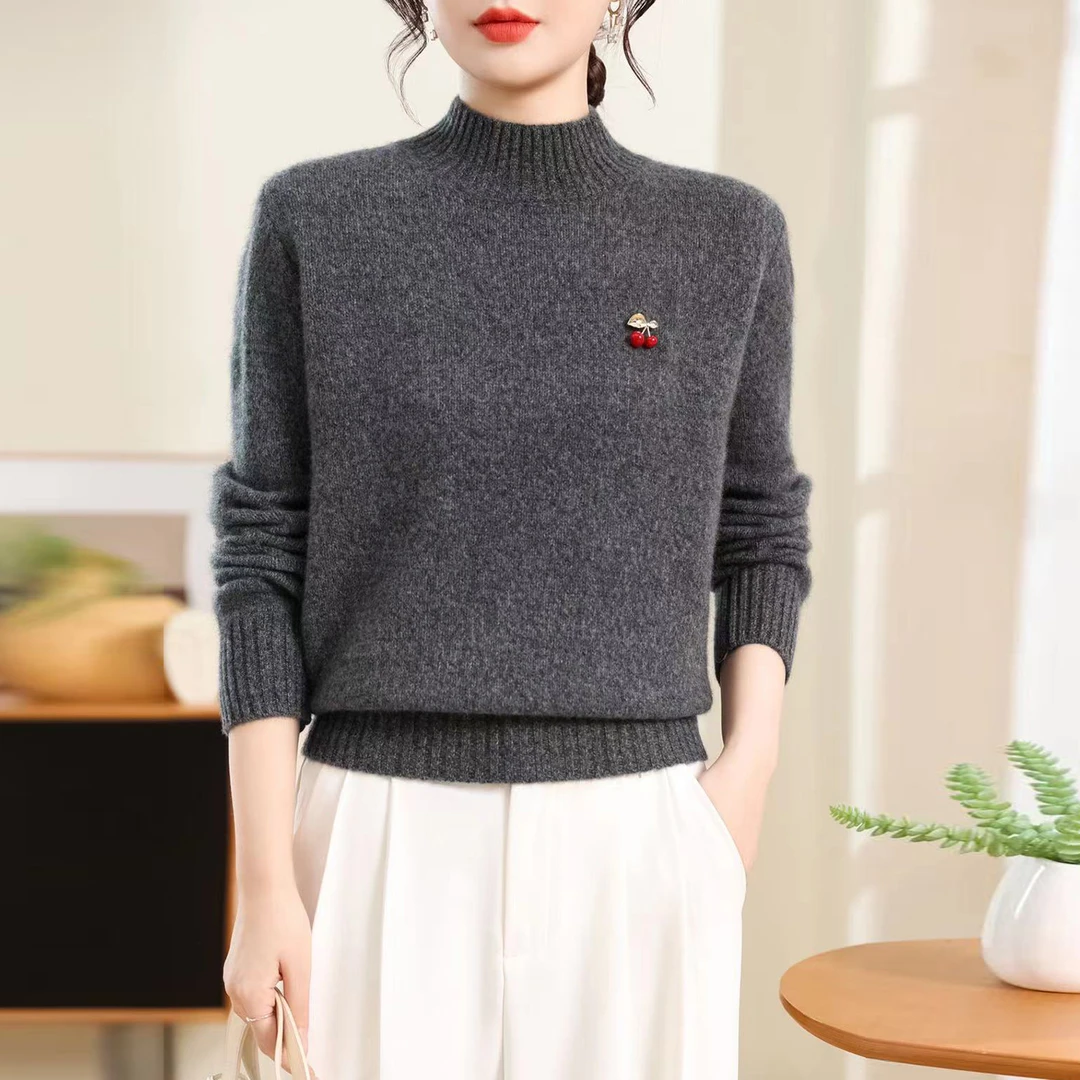 正品羊毛衫女秋冬新款宽松加厚半高领毛衣洋气妈妈装针织打底上衣