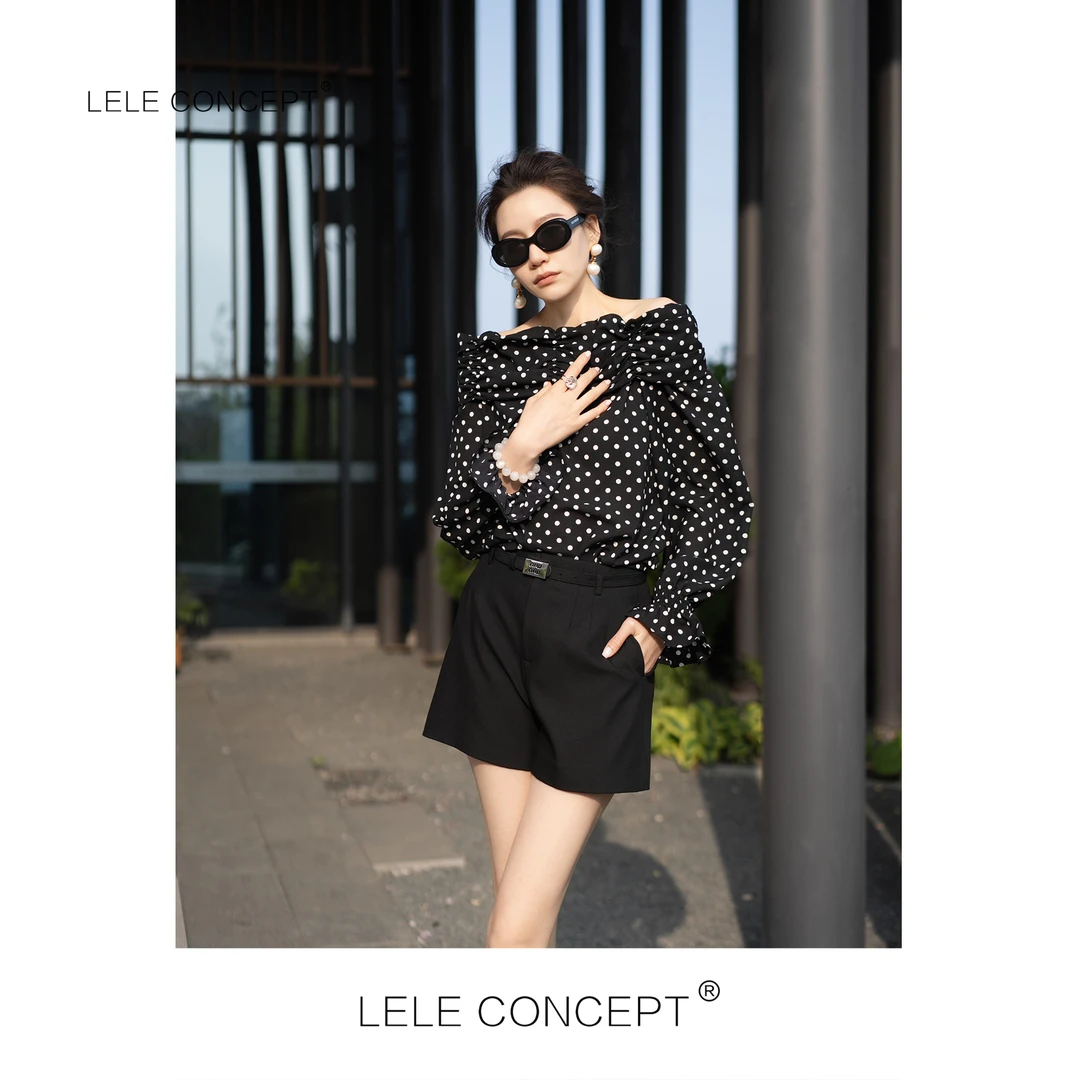 LELE CONCEPT丨波点收袖一字肩上衣S1042