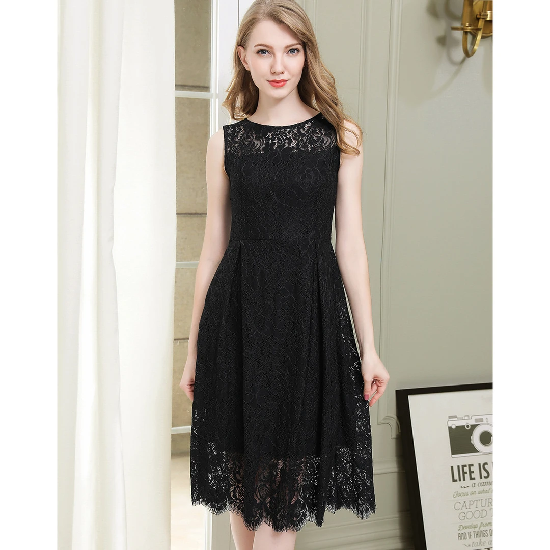 百依秀子2025夏季新款文艺经典百搭纯色蕾丝镂空无袖连衣裙B1630