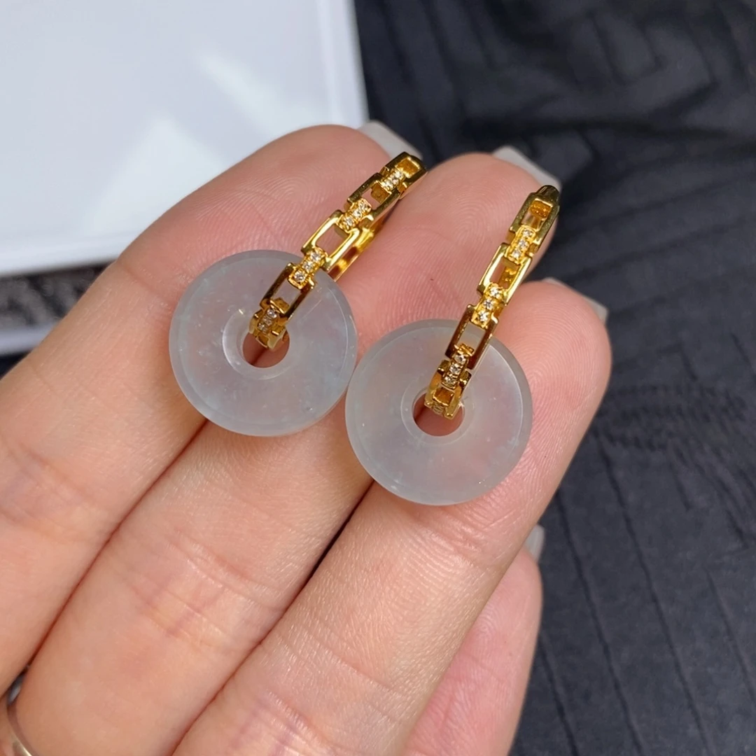 翡翠18K金镶嵌耳饰链条耳包➕冰蓝底路路通