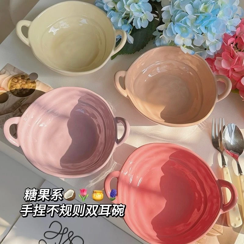 陶瓷手捏不规则双耳碗水果碗沙拉碗泡面碗家用宿舍可爱风盘子