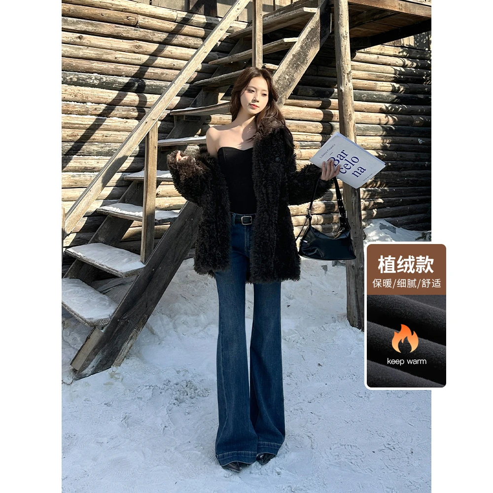 IFMR•小雪•复古蓝喇叭裤子女爆款2024新款中低腰修身显瘦微喇长裤