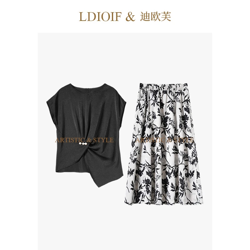 迪欧芙|爽滑香云缎提花缎印花/收褶上衣松紧半裙两件套#XTZ4608M