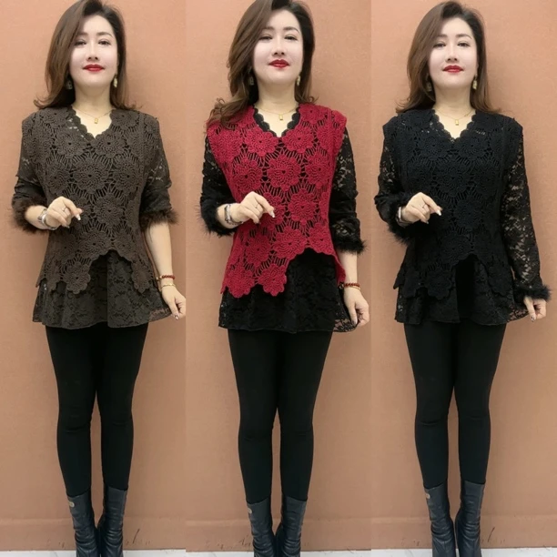 JJ新款时尚气质显瘦V领长袖镂空蕾丝中长款洋气打底衫女