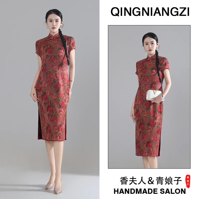 青娘子香云纱印花提花（油画玫瑰）复古气质红色中式立领旗袍-60182