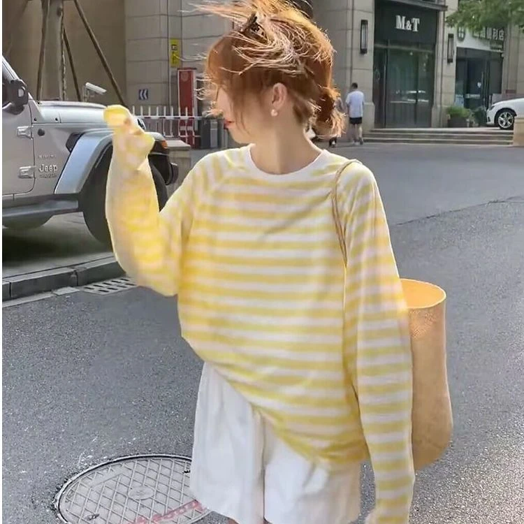撞色圆领条纹长袖T恤女2025春夏新款韩系宽松休闲显瘦防晒衣罩衫