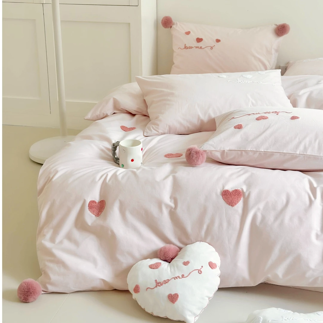 小玲子 爱心-粉 全棉水洗棉毛巾绣三件套四件套 小清新简约被套
