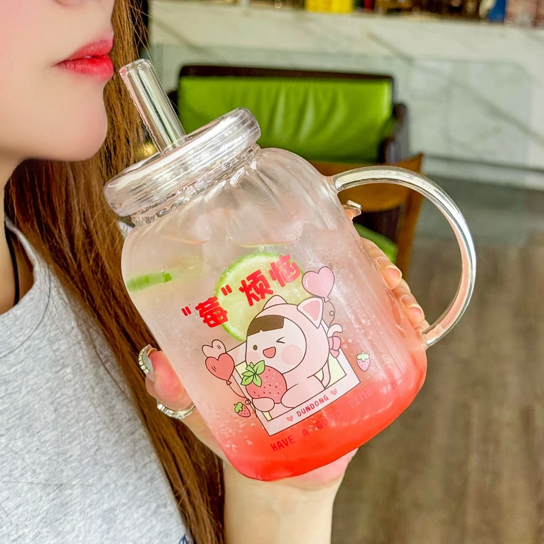 吨咚奶茶杯高颜值耐热玻璃杯家用大容量吸管杯子办公室带把手水杯