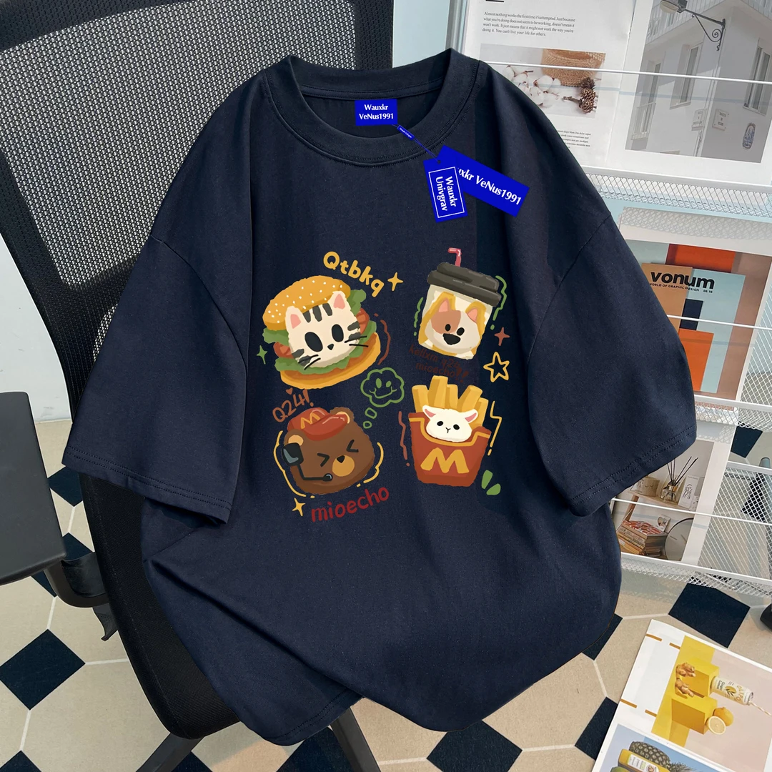 夏季新款女童纯棉短袖T恤卡通汉堡薯条印花潮牌百搭中大童上衣ins