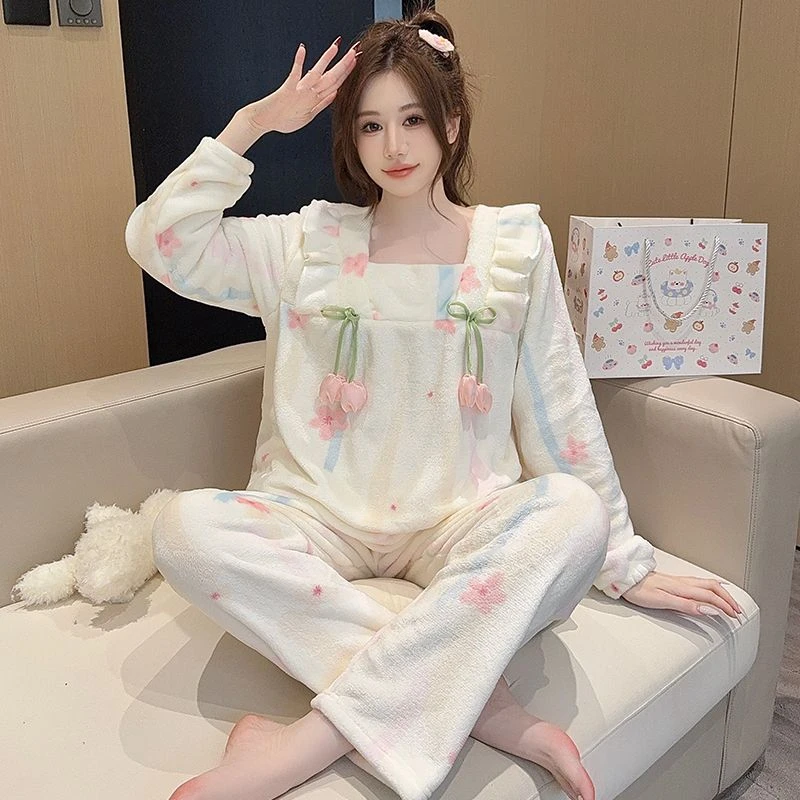 新款冬季法兰绒宽松大码公主风家居服睡衣甜美长袖加厚加绒套装