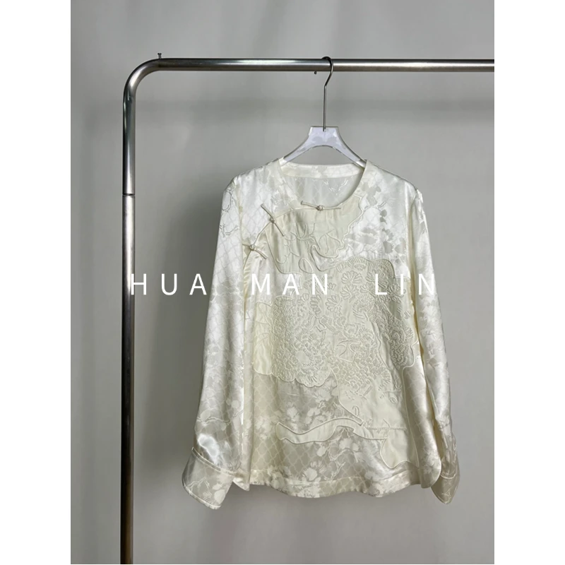 【花滿林】圆领斜门襟盘扣重工钉珠真丝桑蚕丝阔版上衣251083