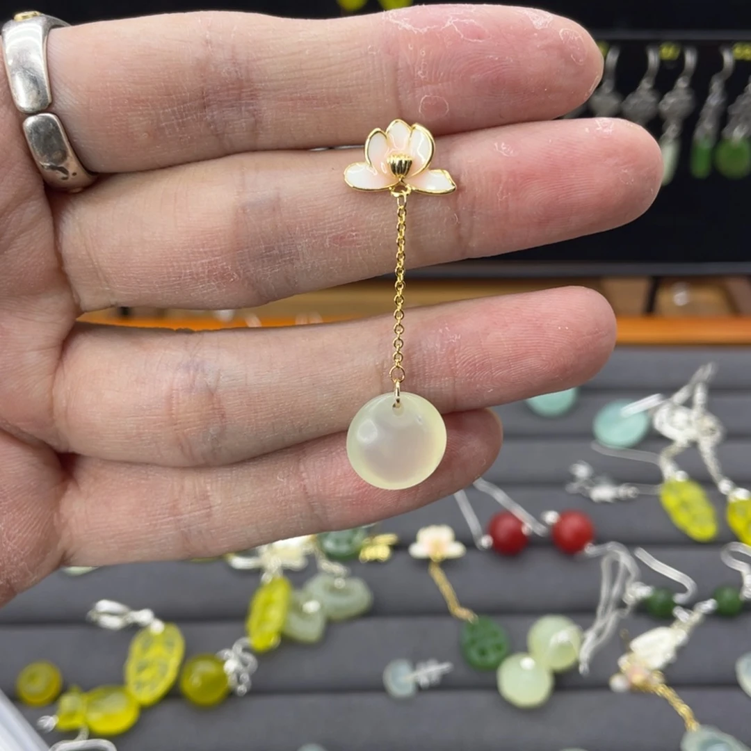 蛇纹石玉耳饰银S925镶嵌