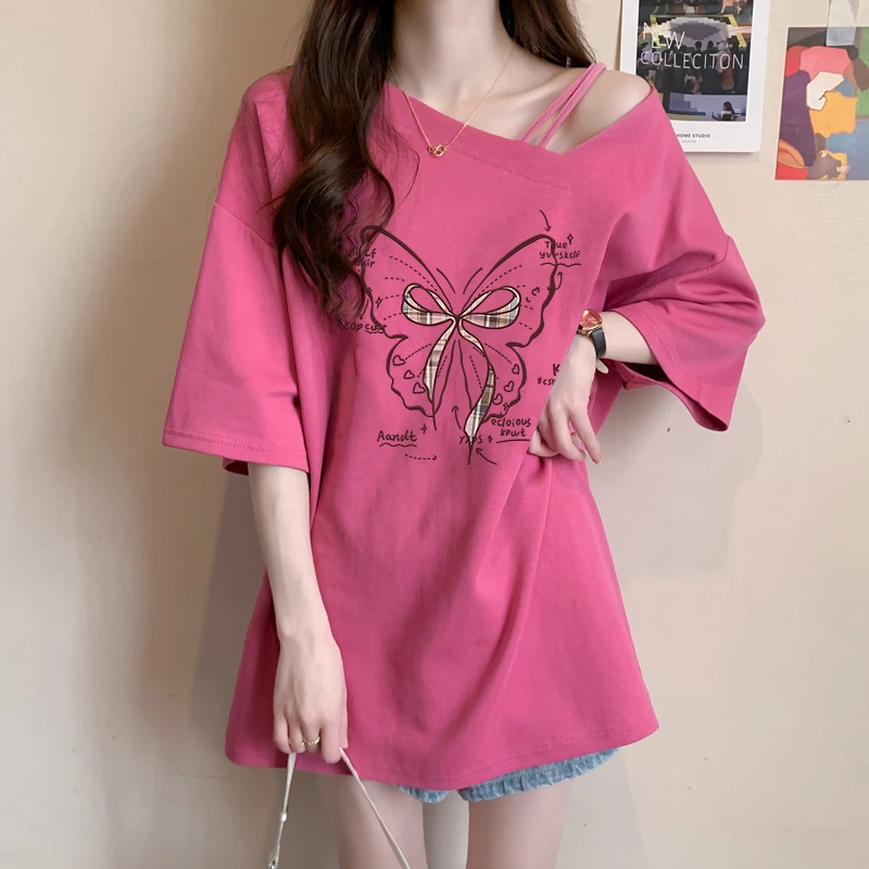 纯棉斜领短袖T恤女夏季韩版宽松时尚设计感中长款减龄百搭上衣ins