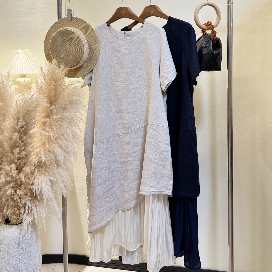 YILE·【余花落尽】设计款简约圆领拼接宽松百搭纯色不规则连衣裙