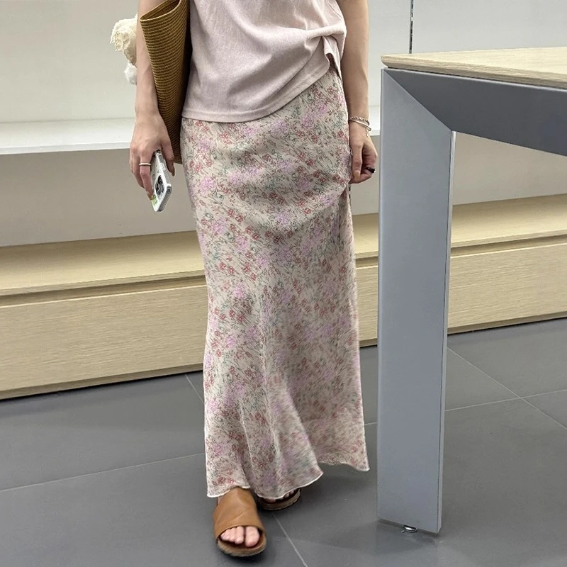 法式复古碎花雪纺高腰半身裙女夏季大码胖mm显瘦气质鱼尾包臀长裙