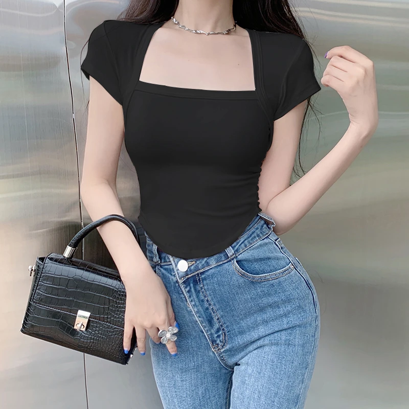 2025年夏季新款方领短袖t恤洋气衣服女装辣妹纯欲性感甜美可爱风