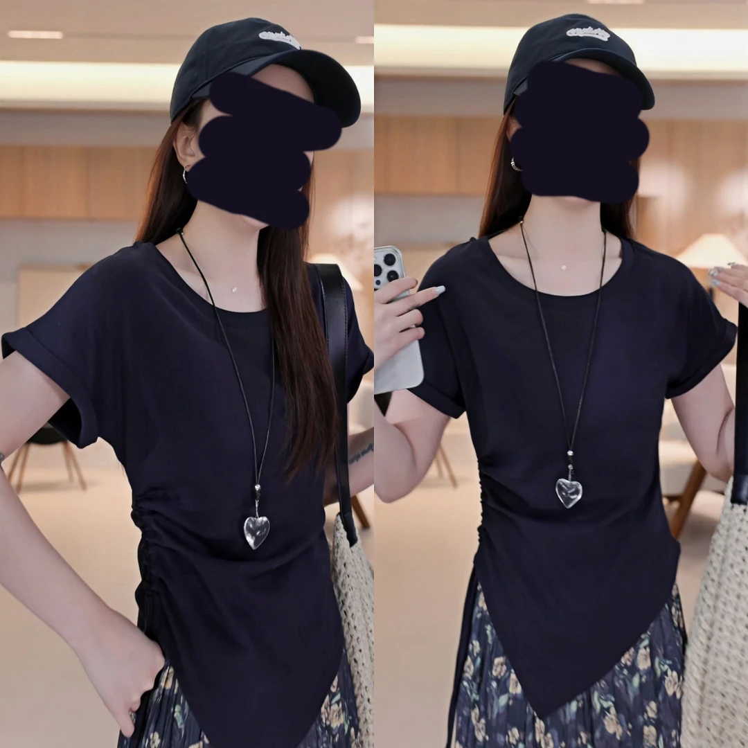 简约休闲小心机不规则抽绳圆领短袖T恤女夏季新款短款藏蓝色上衣