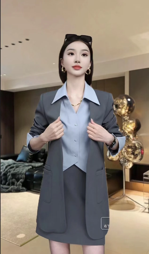 2025春季新款韩版时尚气质假两件西装外套半裙女装盐系轻熟一整套