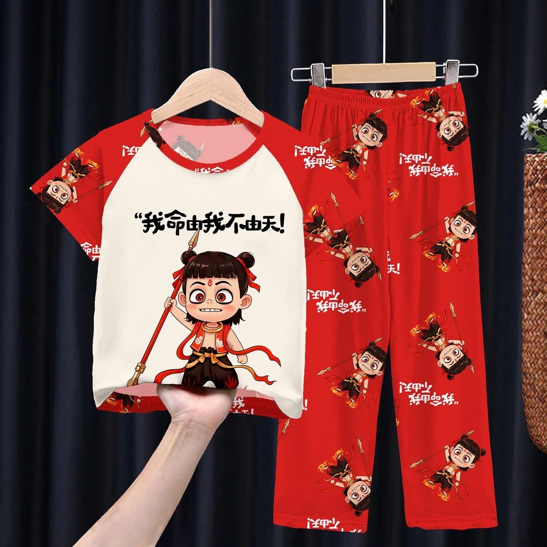 2025夏季儿童女孩夏季短袖长裤男童哪吒套装家居服睡衣薄款空调服