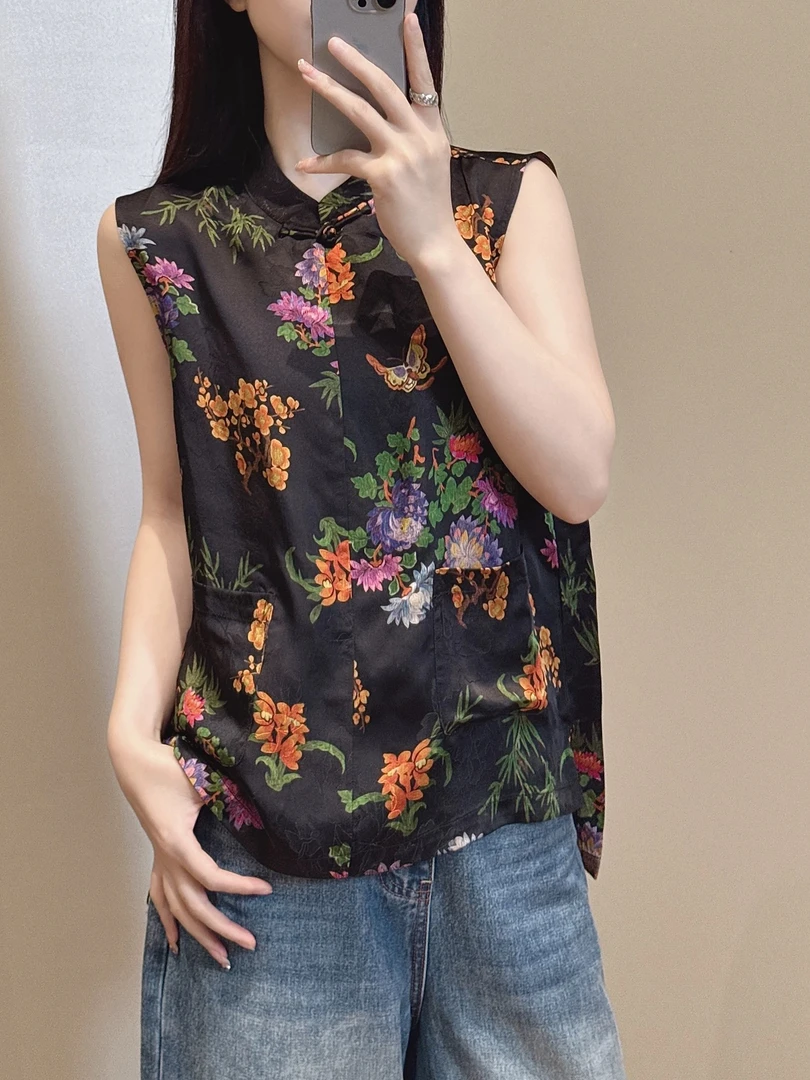 深圳南油高端2025夏季新款新中式国风花卉图案前短后长人丝衬衫