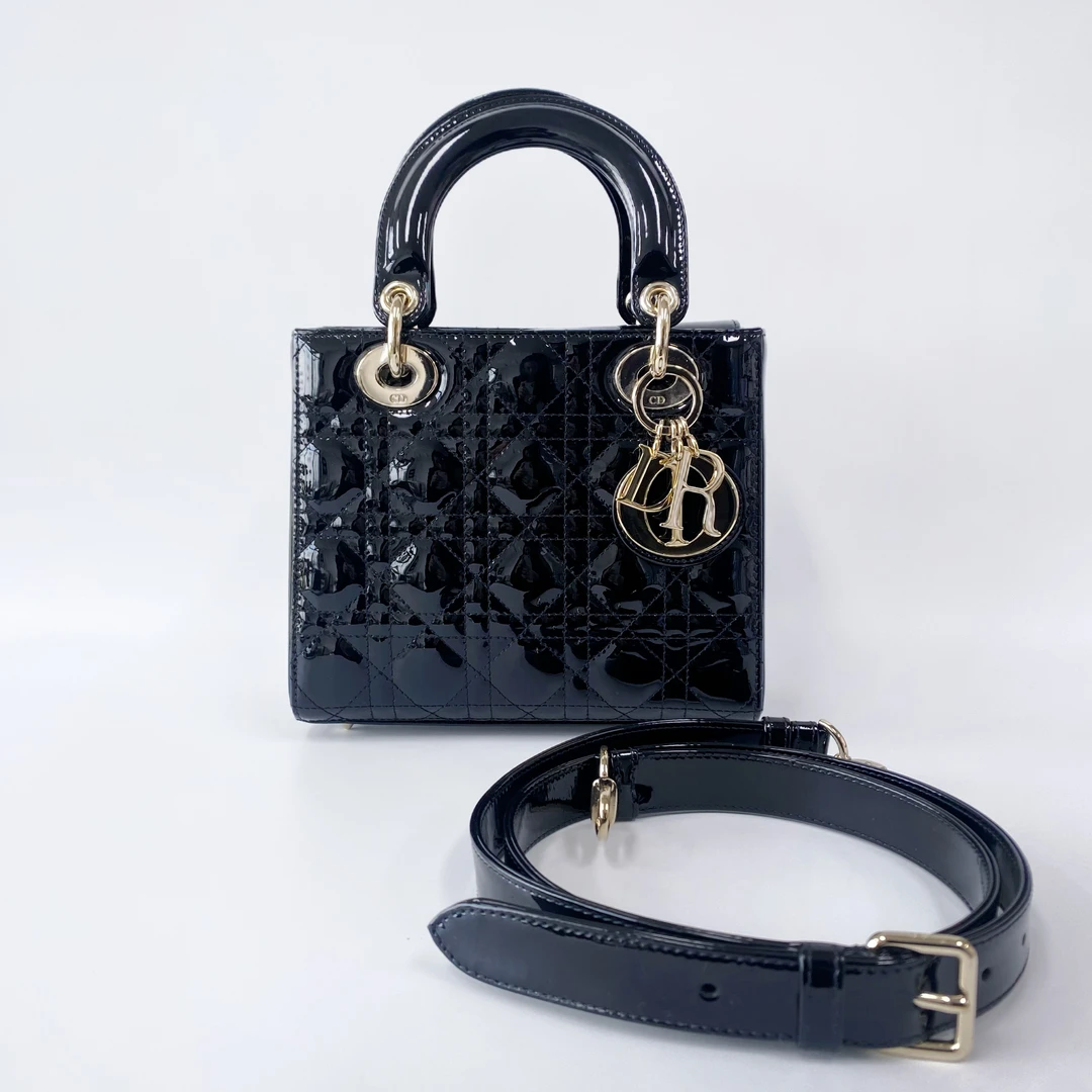 99新 DIOR/迪奥 99新 黑色金扣亮皮四格戴妃手提斜挎包