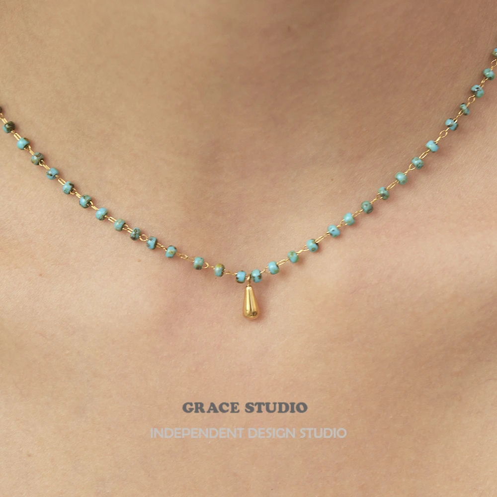 合金项链 春夏度假风做旧复古项链女森系水滴吊坠锁骨链