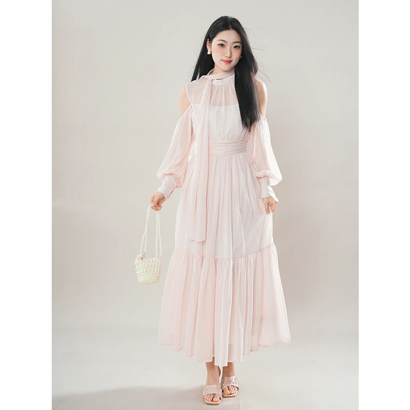 正统女神裙 夏季新款法式白月光连衣裙露肩飘带氛围感雪纺长裙子