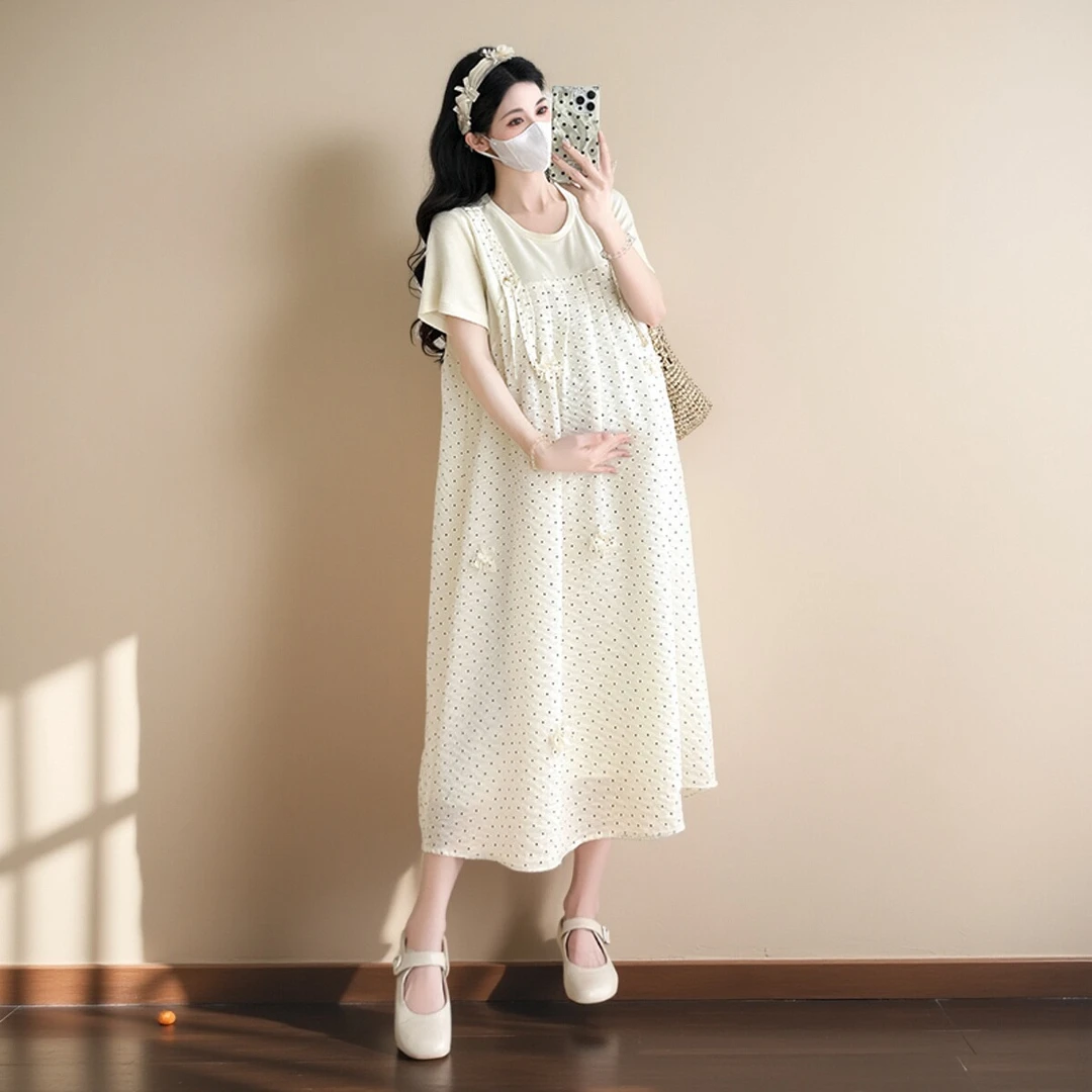 孕妇装2025夏季新款假两件宽松休闲波点连衣裙孕妈高级穿搭孕妇裙