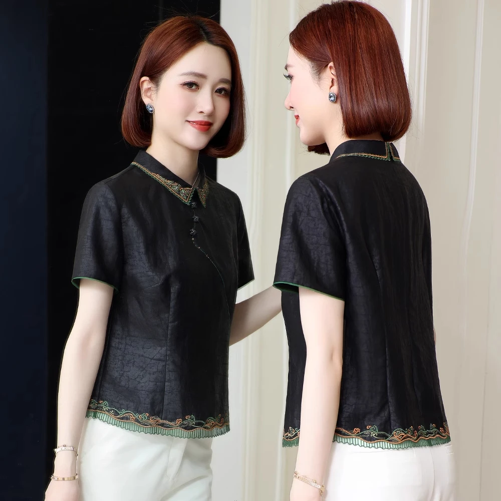 复古龟纹香云纱上衣女短款2025夏新款高端刺绣中老年妈妈真丝衬衫