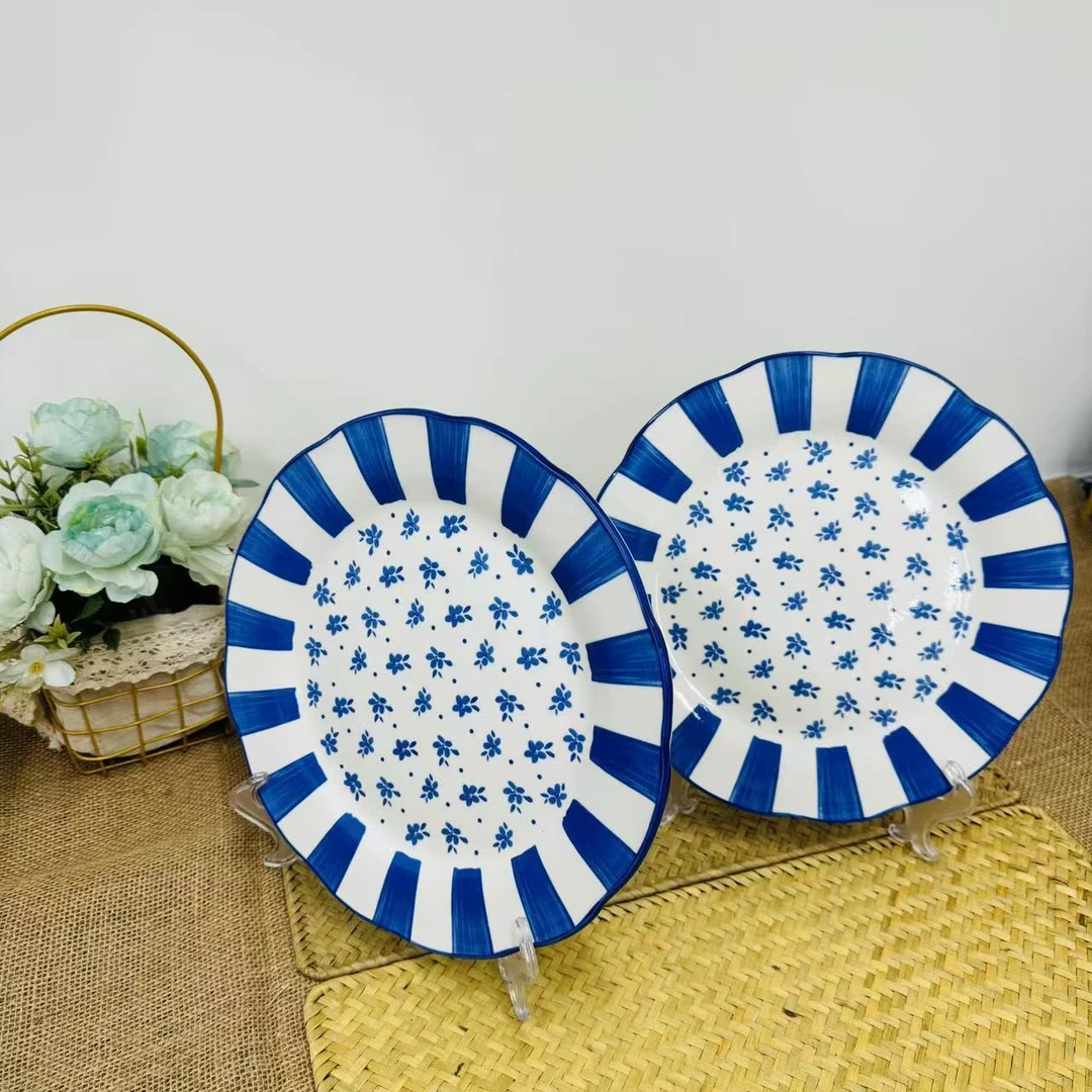 【可馨妈专属】素蓝花边10.5寸平盘三个装