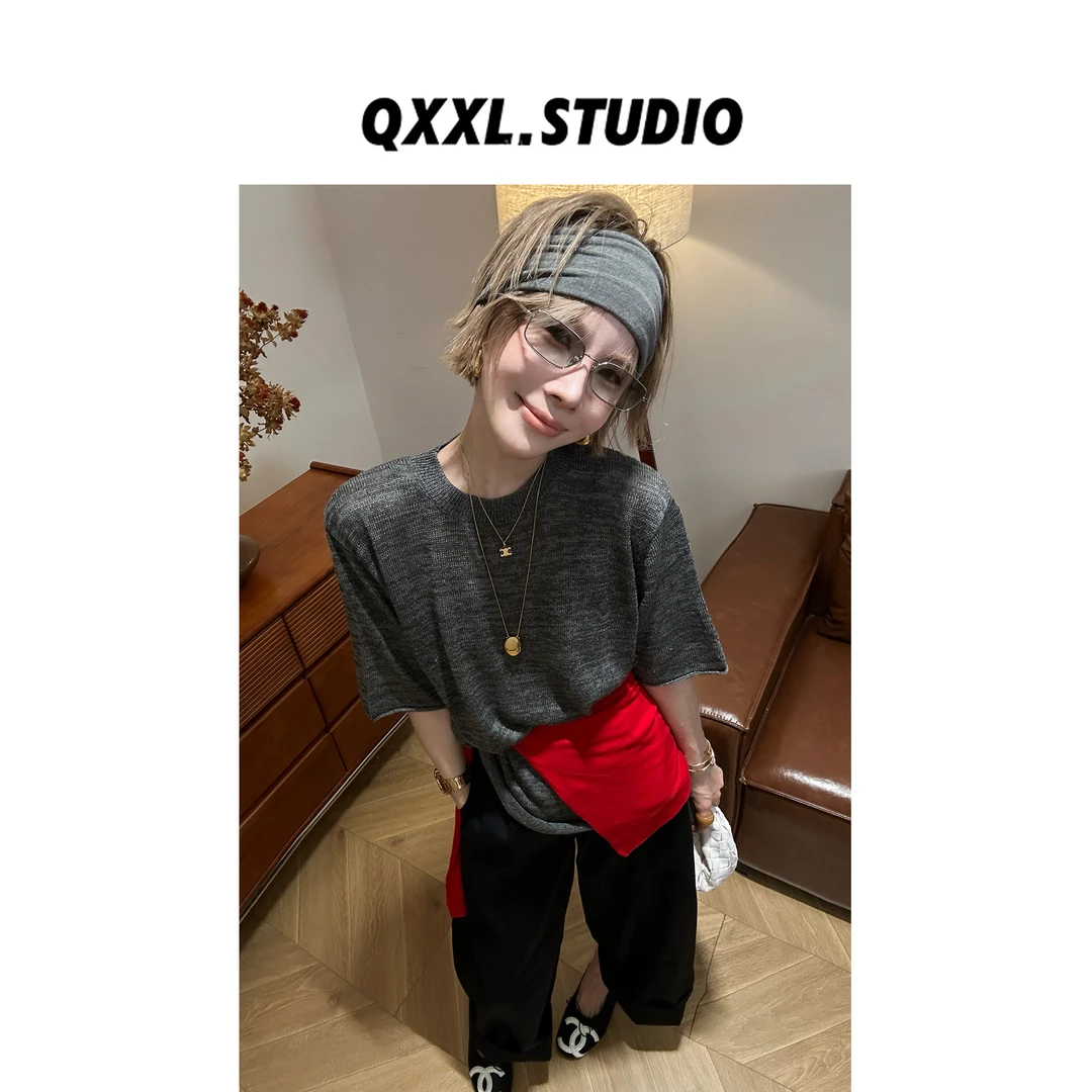 邱小小丽呀 早秋韩版圆领针织上衣女轻薄透气宽松休闲短袖T恤