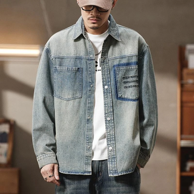 胖胖火星大码男装秋季复古痞帅牛仔外套男士水洗做旧休闲翻领夹克