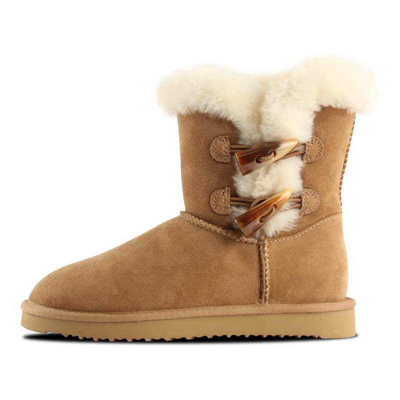 【双牛角扣】桑坡冬季皮毛一体雪地靴薄底双牛角扣保暖女鞋