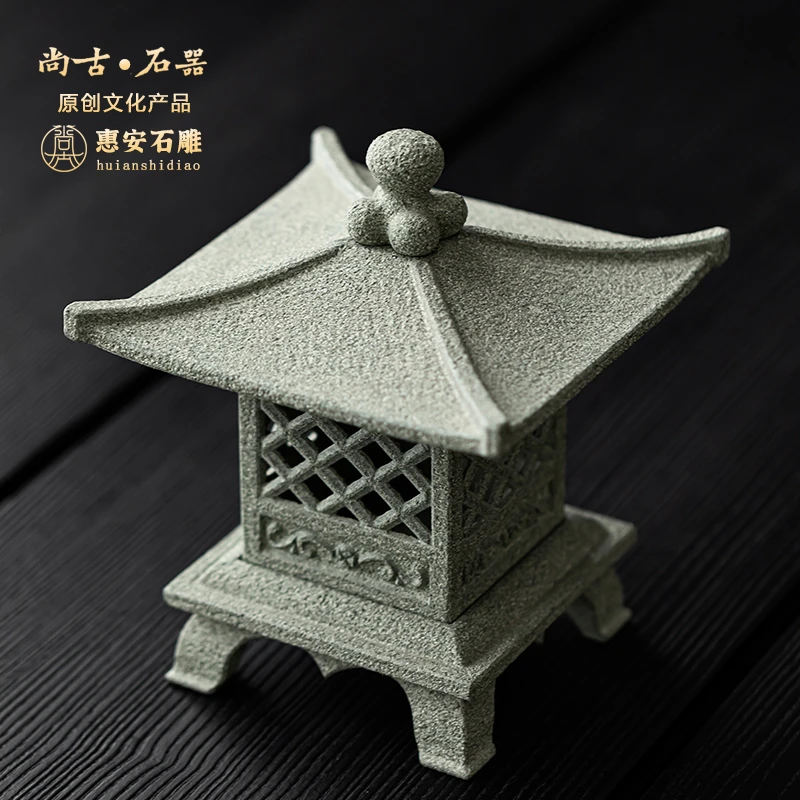 尚古石器 古微雕宫灯摆件新中式茶道禅意茶空间 家居饰品摆件收藏