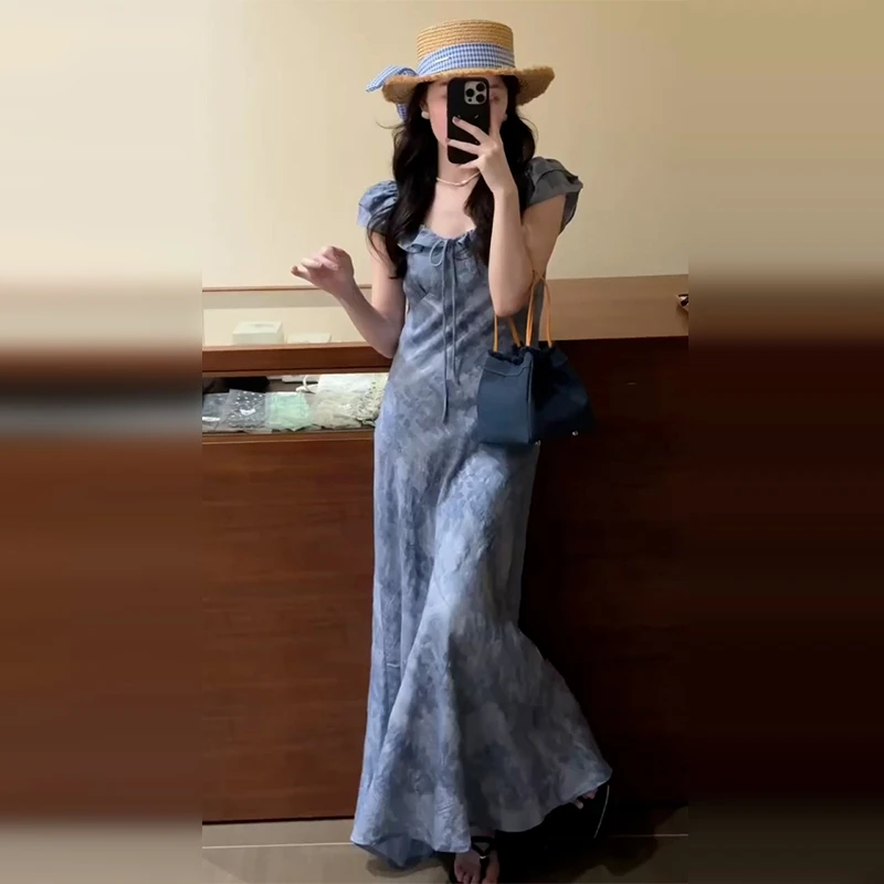 韩系蓝色显白小飞袖系带提花连衣裙女夏季新款气质显瘦长裙子3715