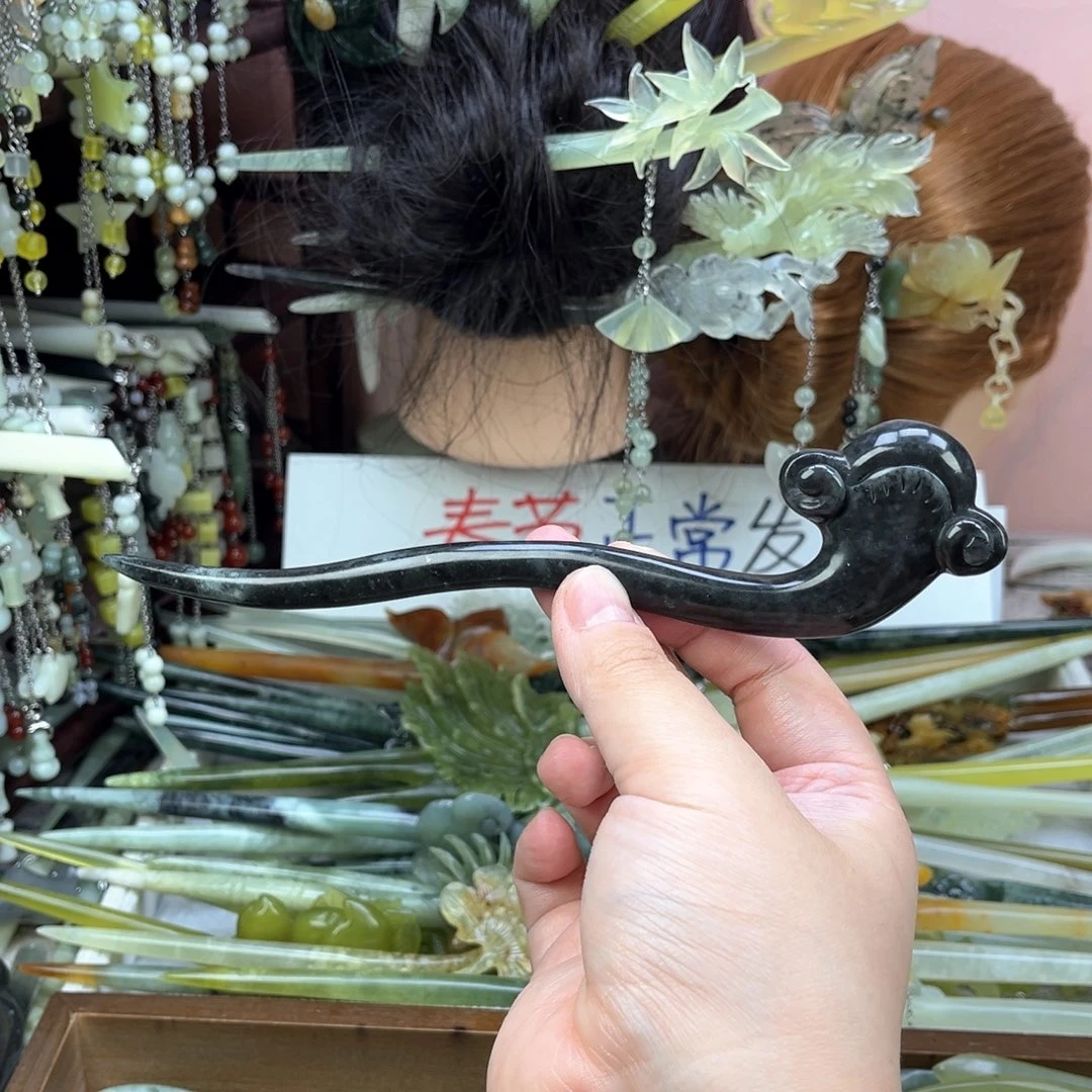 蛇纹石玉发饰未镶嵌长度19厘米左右